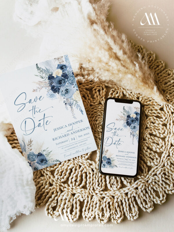 Dusty Blue Wedding Favor Tags Template | Boho Floral Shower Tags Printable Boho Dusty Blue Save the Date Template - Editable Wedding Announcement Card