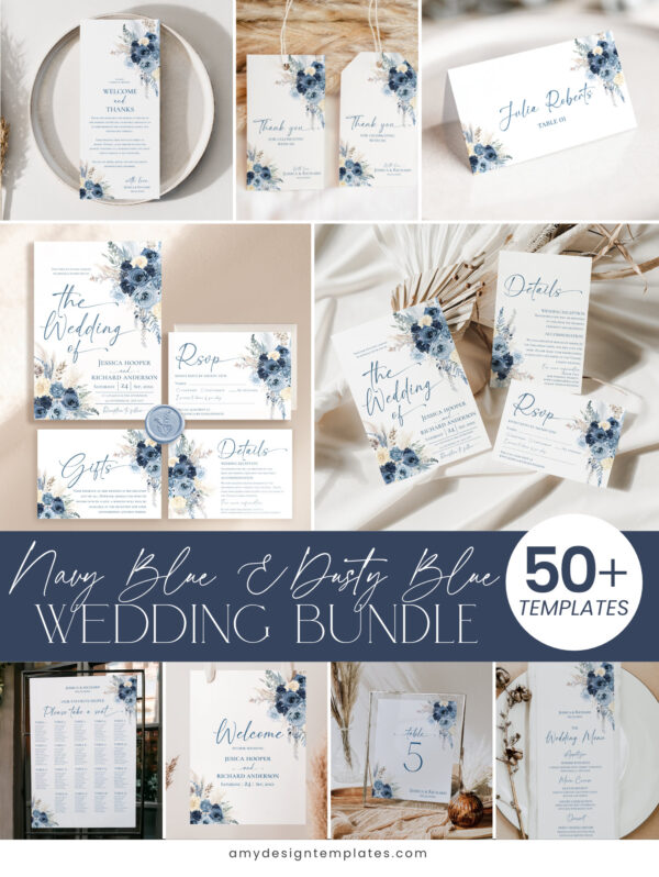 Blue Boho Wedding Invitations Suite Template | Pampas Grass Invite Navy and Dusty Blue Wedding Invitation Bundle | 50+ Editable Boho Stationery Templates Mega Bundle