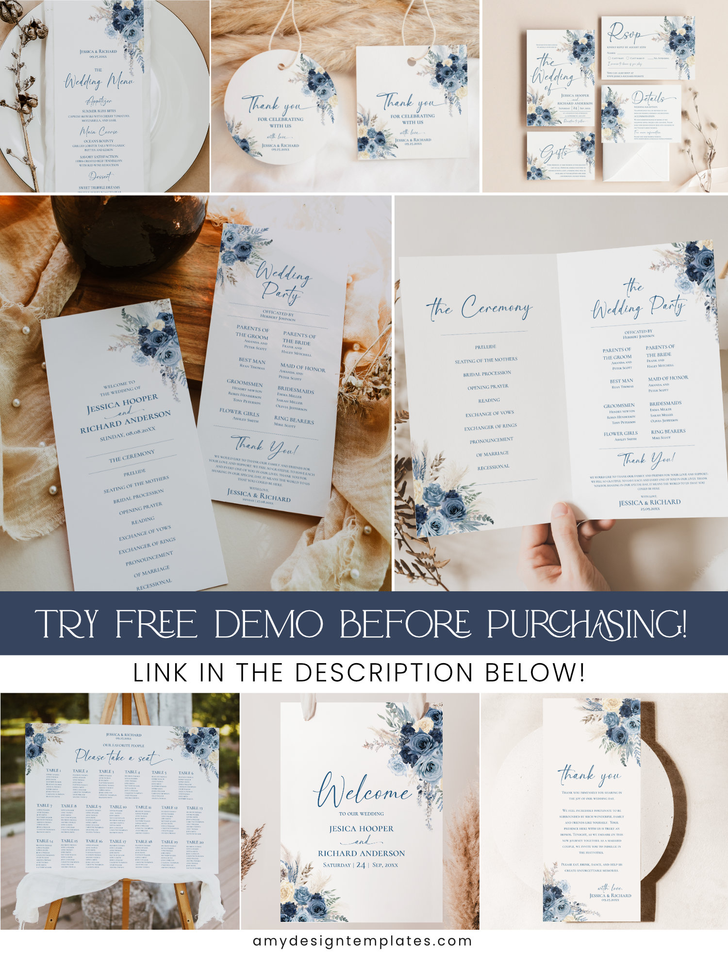 Navy and Dusty Blue Wedding Invitation Bundle | 50+ Editable Boho Stationery Templates Mega Bundle Navy and Dusty Blue Wedding Invitation Bundle | 50+ Editable Boho Stationery Templates Mega Bundle
