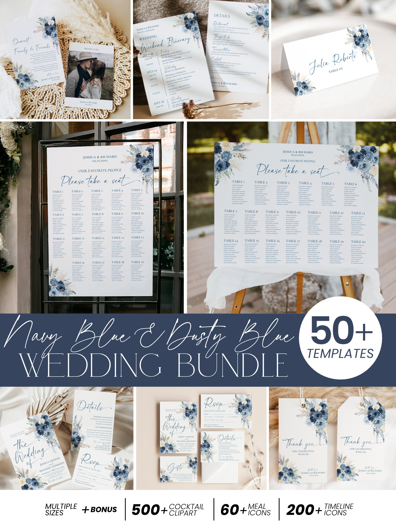 Navy and Dusty Blue Wedding Invitation Bundle | 50+ Editable Boho Stationery Templates Mega Bundle Navy and Dusty Blue Wedding Invitation Bundle | 50+ Editable Boho Stationery Templates Mega Bundle