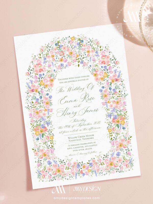 Watercolor Pastel Floral Wedding Arch Frame PNG Transparent Background Free Download Watercolor Floral Wedding Invitation Template | Editable Garden Wedding Invite | Romantic Pastel Flower Arch Design