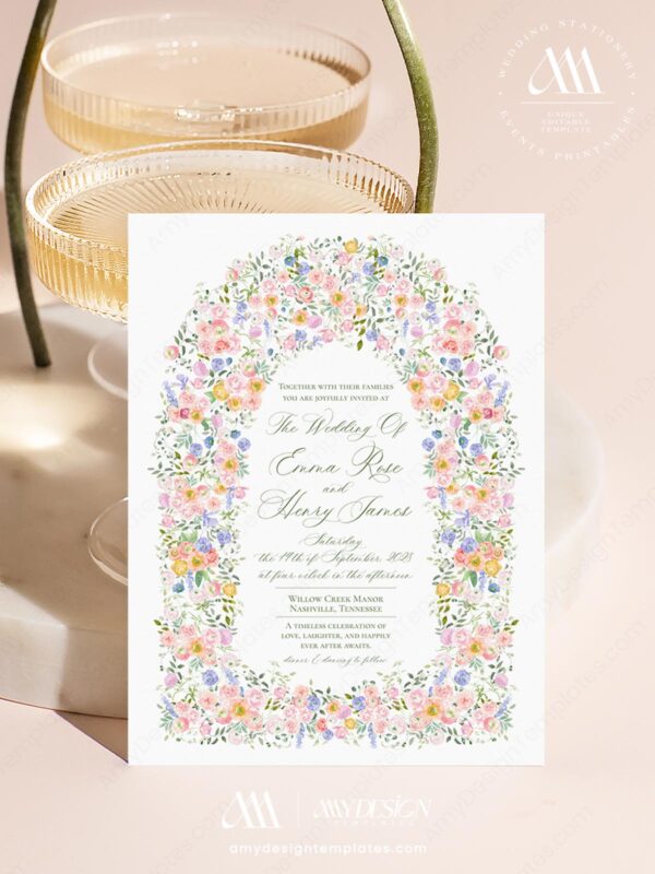 Watercolor Pastel Floral Wedding Arch Frame PNG Transparent Background Free Download Watercolor Floral Wedding Invitation Template | Editable Garden Wedding Invite | Romantic Pastel Flower Arch Design