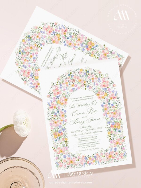 Watercolor Pastel Floral Wedding Arch Frame PNG Transparent Background Free Download Watercolor Floral Wedding Invitation Template | Editable Garden Wedding Invite | Romantic Pastel Flower Arch Design Vintage
