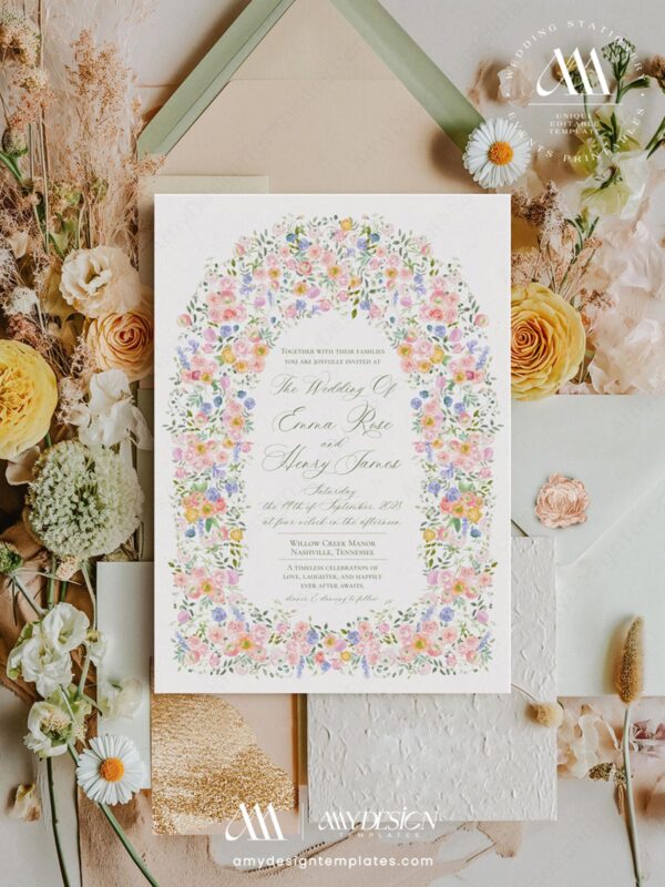 Watercolor Floral Wedding Invitation Template | Editable Garden Wedding Invite | Romantic Pastel Flower Arch Design Vintage