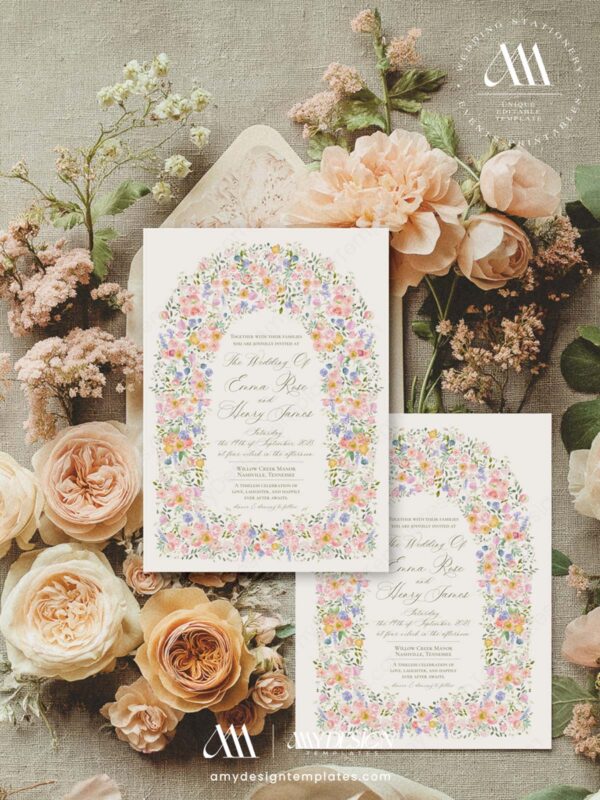 Watercolor Floral Wedding Invitation Template | Editable Garden Wedding Invite | Romantic Pastel Flower Arch Design Vintage