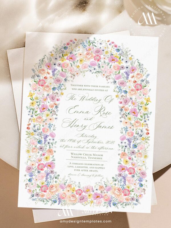 Purple Floral Wedding Invitation Card Template | Violet Wedding Set | Poppy Flowers Editable Watercolor Floral Wedding Invitation Template | Pink Blush Garden Wedding Invite Printable