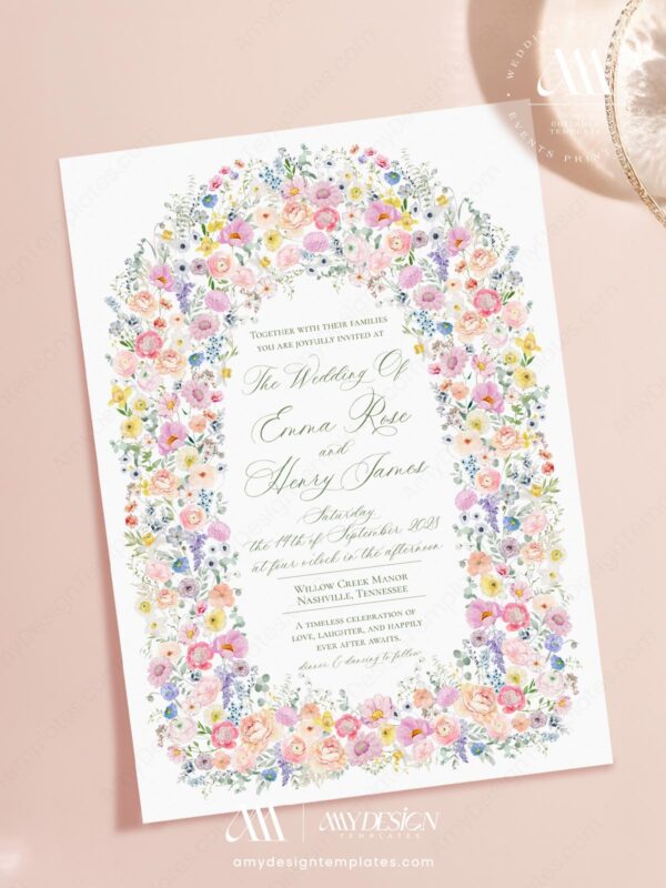 Editable Watercolor Floral Wedding Invitation Template | Pink Blush Garden Wedding Invite Printable