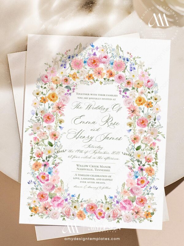 Purple Floral Wedding Invitation Card Template | Violet Wedding Set | Poppy Flowers Wildflower watercolor wedding invitation with pink roses, peonies, lilies, daisies, botanical greenery, and elegant floral arch design