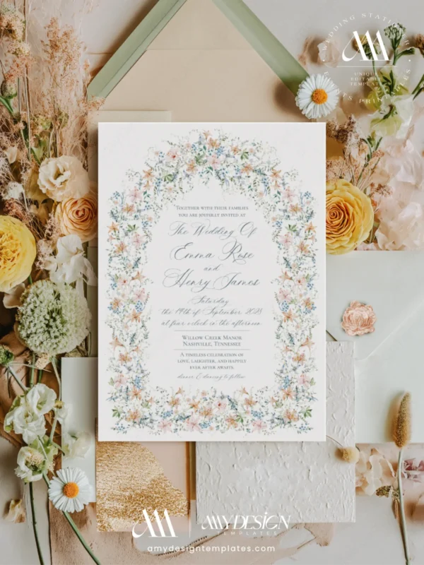 Dusty Blue Roses Floral Wedding Invitation Card | Vintage Rose Arch Wedding Invite Editable Printable Wildflower Arch Wedding Invitation Template Card
