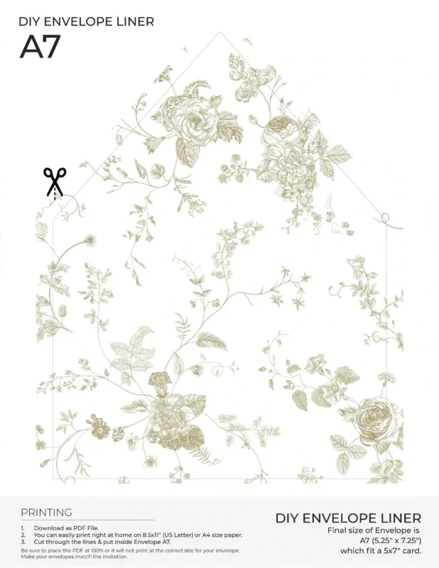 Free Printable A7 Envelope Liners: Vintage Botanical Toile Collection Antique Gold Envelope Liners A7 Free Download Envelope Liner Template Amy Design