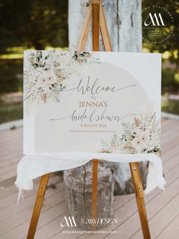 Boho Pampas Grass Bridal Shower Welcome Sign Template | Neutral Floral Arch Bridal Party Poster | Editable Rustic Greenery Entrance Board