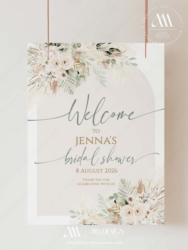 Boho Pampas Grass Bridal Shower Welcome Sign Template | Neutral Floral Arch Bridal Party Poster | Editable Rustic Greenery Entrance Board