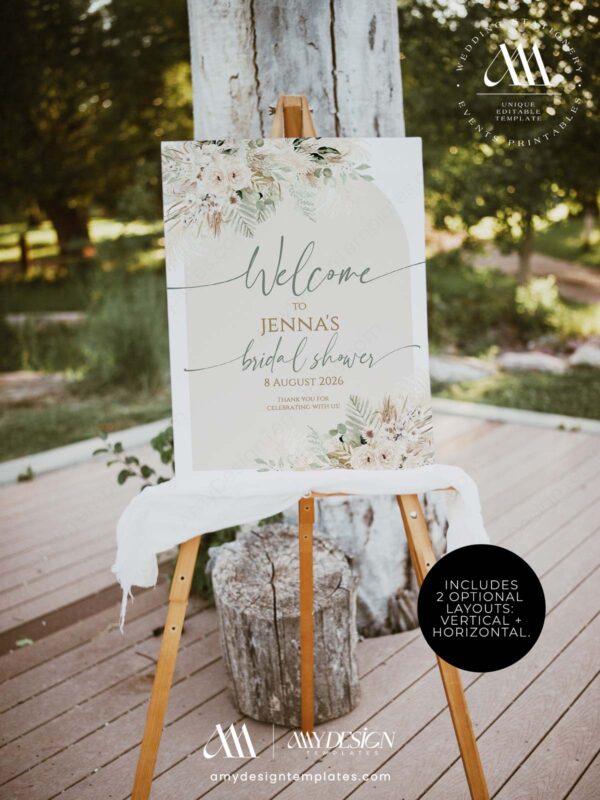 Boho Pampas Grass Bridal Shower Welcome Sign Template | Neutral Floral Arch Bridal Party Poster | Editable Rustic Greenery Entrance Board Boho Pampas Grass Bridal Shower Welcome Sign Template | Neutral Floral Arch Bridal Party Poster | Editable Rustic Greenery Entrance Board