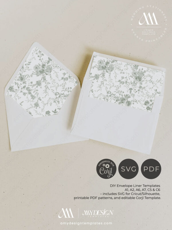 Sage Green Floral Envelope Liner Template | Vintage Toile Wedding Invitation Liner | DIY Euro Flap Square Flap Sage Green Floral Envelope Liner Template Amy Design