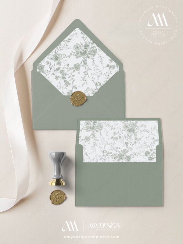 Sage Green Floral Envelope Liner Template | Vintage Toile Wedding Invitation Liner | DIY Euro Flap Square Flap Sage Green Floral Envelope Liner Template Amy Design