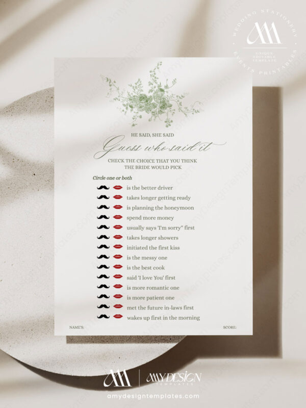 Sage Green Botanical He Said She Said Bridal Shower Game Template | Printable Guess Who Said It Card | Editable Sage Floral Wedding Party Activity