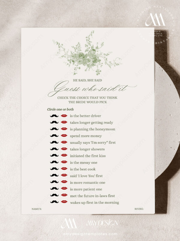 Sage Green Botanical He Said She Said Bridal Shower Game Template | Printable Guess Who Said It Card | Editable Sage Floral Wedding Party Activity