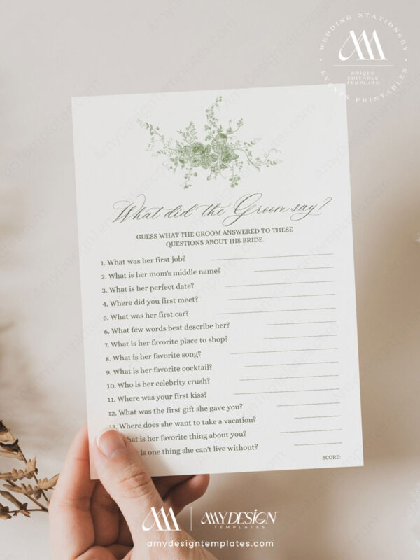 Sage Green What Did The Groom Say Bridal Shower Game Template | Printable Groom Quiz Card | Editable Sage Botanical Wedding Game Printable