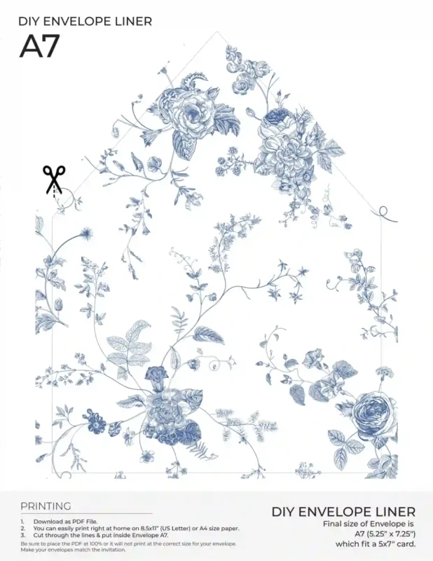 Free Printable A7 Envelope Liners: Vintage Botanical Toile Collection Dusty Blue Chinoiserie Toile Envelope Liners A7 Free Download Envelope Liner Template Amy Design
