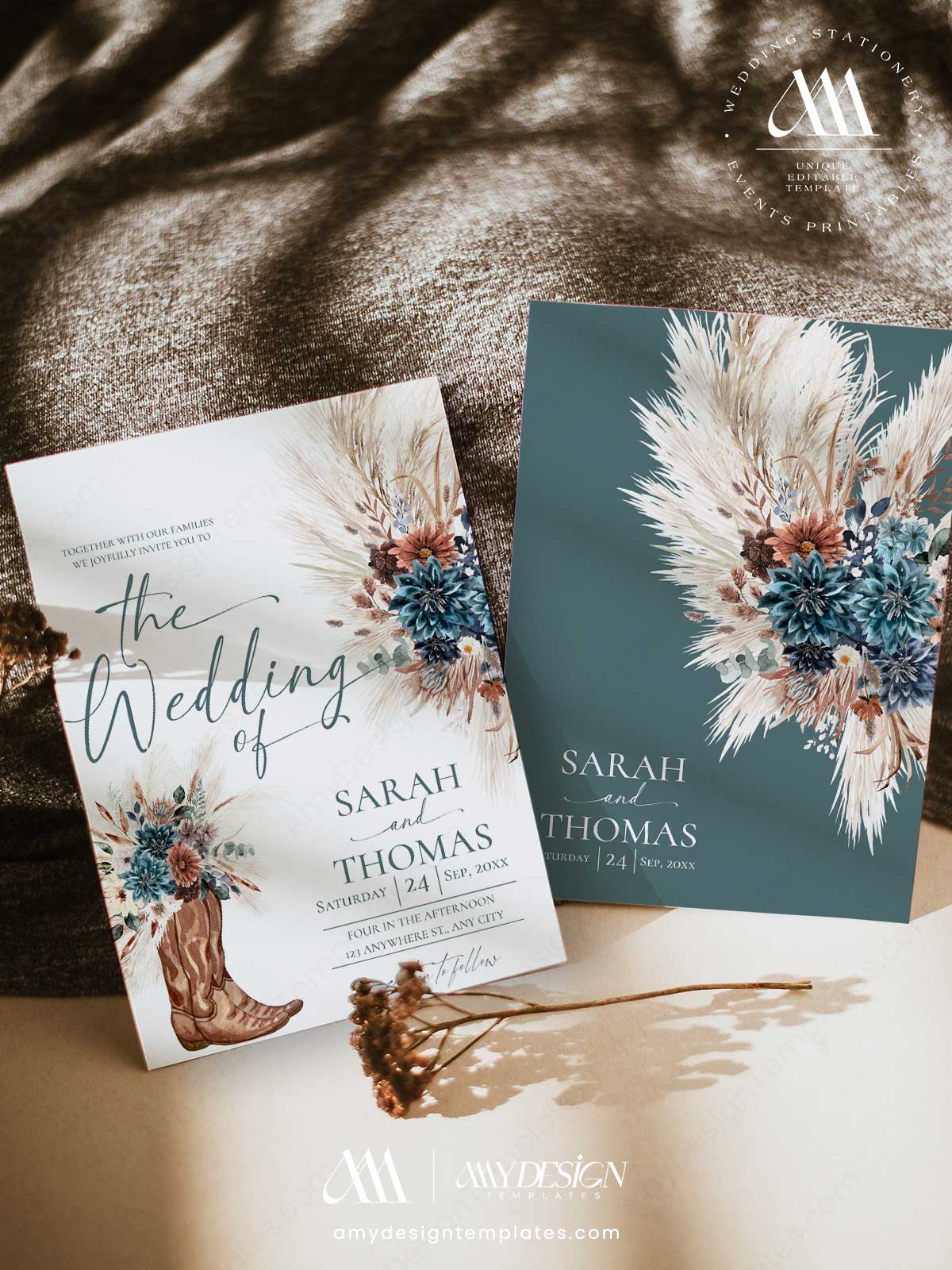 Boho Western Wedding Invitation Template Printable | Cowboy Boots Pampas Grass Wedding Invite | Editable Double Sided Teal Floral Marriage Card Boho Western Wedding Invitation Template Printable | Cowboy Boots Pampas Grass Wedding Invite | Editable Double Sided Teal Floral Marriage Card