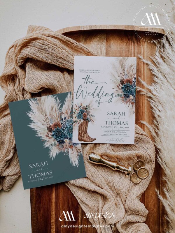 Boho Western Wedding Invitation Template Printable | Cowboy Boots Pampas Grass Wedding Invite | Editable Double Sided Teal Floral Marriage Card