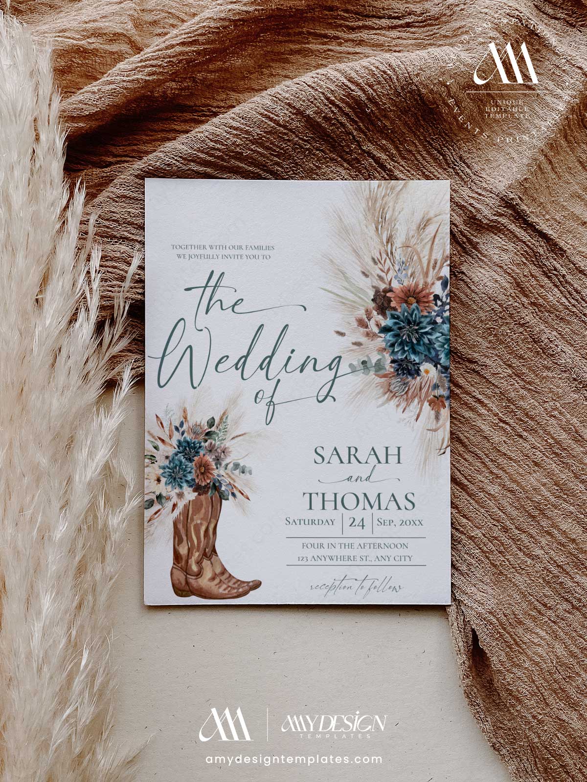 Boho Western Wedding Invitation Template Printable | Cowboy Boots Pampas Grass Wedding Invite | Editable Double Sided Teal Floral Marriage Card Boho Western Wedding Invitation Template Printable | Cowboy Boots Pampas Grass Wedding Invite | Editable Double Sided Teal Floral Marriage Card