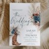 Boho Western Wedding Invitation Template Printable | Cowboy Boots Pampas Grass Wedding Invite | Editable Double Sided Teal Floral Marriage Card Boho Western Wedding Invitation Card Template Printable | Cowboy Boots Pampas Grass Wedding Invite | Editable Double Sided Teal Floral Marriage Card
