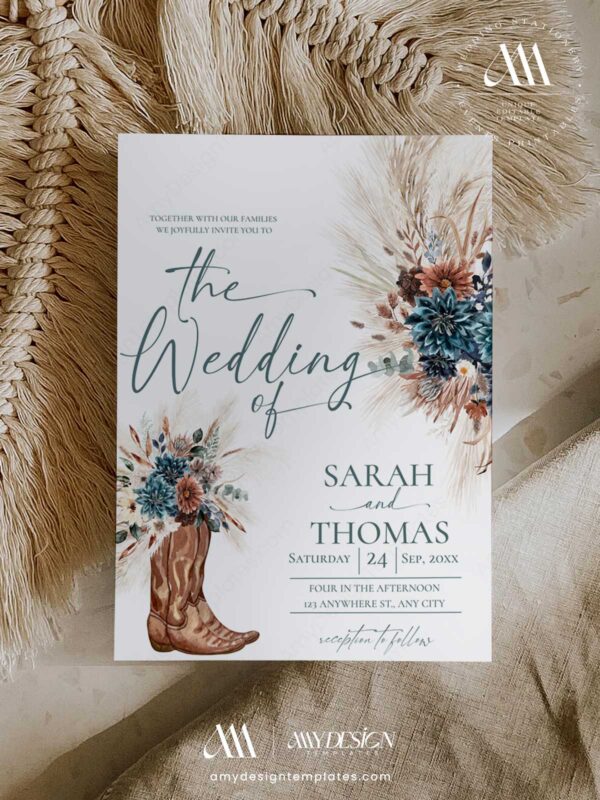 Boho Western Wedding Invitation Template Printable | Cowboy Boots Pampas Grass Wedding Invite | Editable Double Sided Teal Floral Marriage Card Boho Western Wedding Invitation Card Template Printable | Cowboy Boots Pampas Grass Wedding Invite | Editable Double Sided Teal Floral Marriage Card