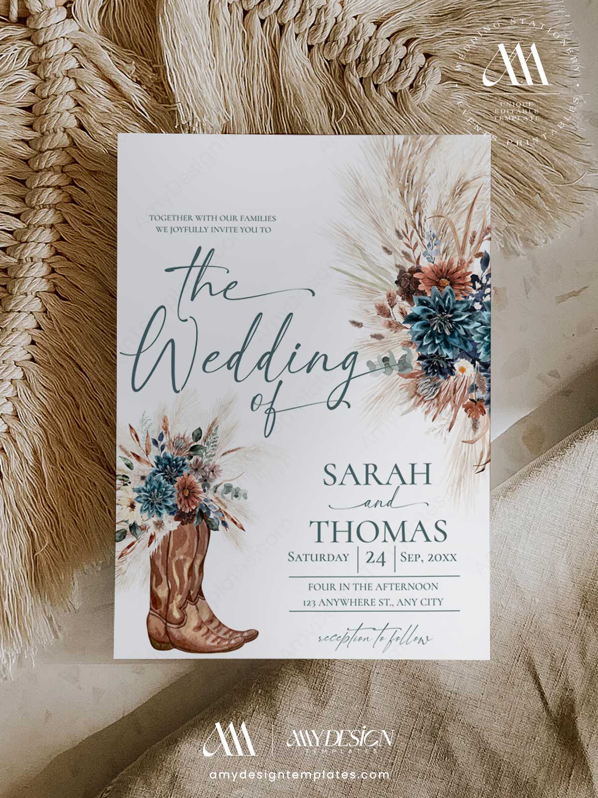 Boho Western Wedding Invitation Template Printable | Cowboy Boots Pampas Grass Wedding Invite | Editable Double Sided Teal Floral Marriage Card Boho Western Wedding Invitation Card Template Printable | Cowboy Boots Pampas Grass Wedding Invite | Editable Double Sided Teal Floral Marriage Card