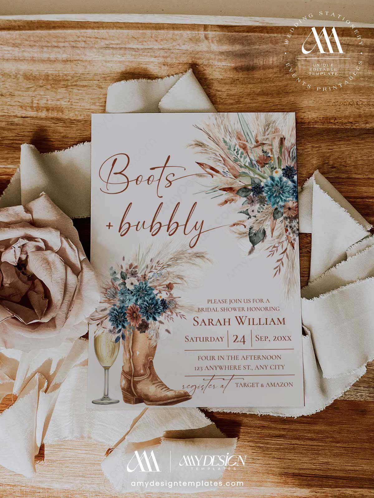 Boots and Bubbly Teal Bridal Shower Invitation Template Printable | Western Cowgirl Boot Pampas Grass Card | Country Champagne Party Invite