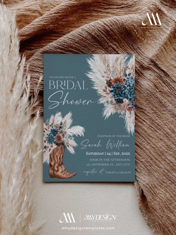 Teal Terracotta Navy Boho Wedding Invitation Suite | Bohemian Fall Wedding Editable Template with QR Code Teal Western Boho Bridal Shower Invitation Template Printable | Country Cowgirl Boot Pampas Grass Invite | Southwestern Moody Party Card