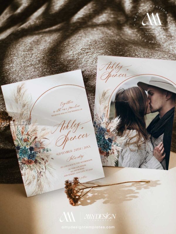 Boho Arch Wedding Invitation Template Printable | Pampas Grass Terracotta Wedding Invite | Editable Double Sided Teal Floral Marriage Card