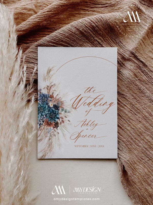 Boho Arch Wedding Invitation Template Printable Teal Terracotta | Pampas Grass Wedding Invite Boho Arch Wedding Invitation Template Printable | Pampas Grass Terracotta Wedding Invite | Editable Double Sided Teal Floral Marriage Card