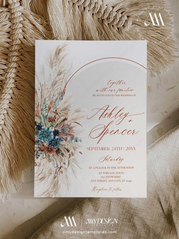 Teal Terracotta Navy Boho Wedding Invitation Suite | Bohemian Fall Wedding Editable Template with QR Code Boho Arch Wedding Invitation Template Printable | Pampas Grass Terracotta Wedding Invite | Editable Double Sided Teal Floral Marriage Card