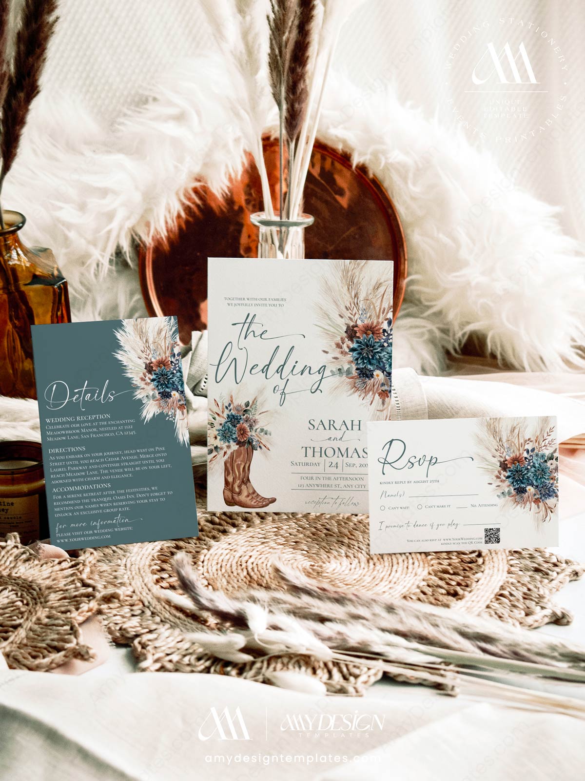Boho Western Teal Cowboy Boots Wedding Invitation Suite Printable | Pampas Grass Wedding Invite Set | Editable RSVP Details Teal Floral Stationery Bundle Boho Western Teal Cowboy Boots Wedding Invitation Suite Printable | Pampas Grass Wedding Invite Set | Editable RSVP Details Teal Floral Stationery Bundle - Image 2