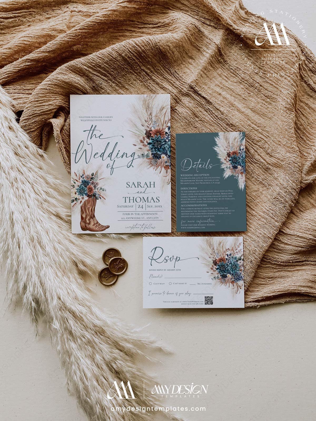 Boho Western Teal Cowboy Boots Wedding Invitation Suite Printable | Pampas Grass Wedding Invite Set | Editable RSVP Details Teal Floral Stationery Bundle Boho Western Wedding Invitation Suite Printable | Cowboy Boots Pampas Grass Wedding Invite Set | Editable RSVP Details Teal Floral Stationery Bundle