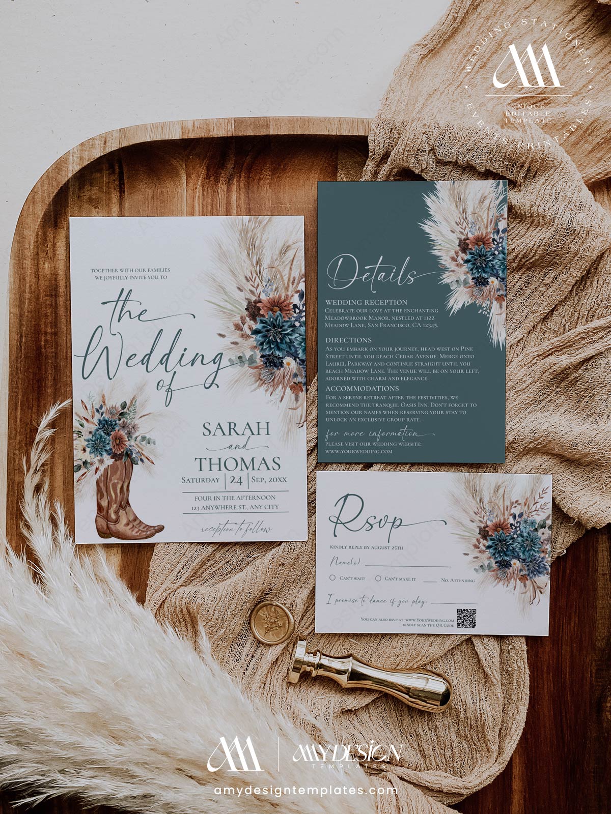 Boho Western Teal Cowboy Boots Wedding Invitation Suite Printable | Pampas Grass Wedding Invite Set | Editable RSVP Details Teal Floral Stationery Bundle Boho Western Wedding Invitation Suite Printable | Cowboy Boots Pampas Grass Wedding Invite Set | Editable RSVP Details Teal Floral Stationery Bundle