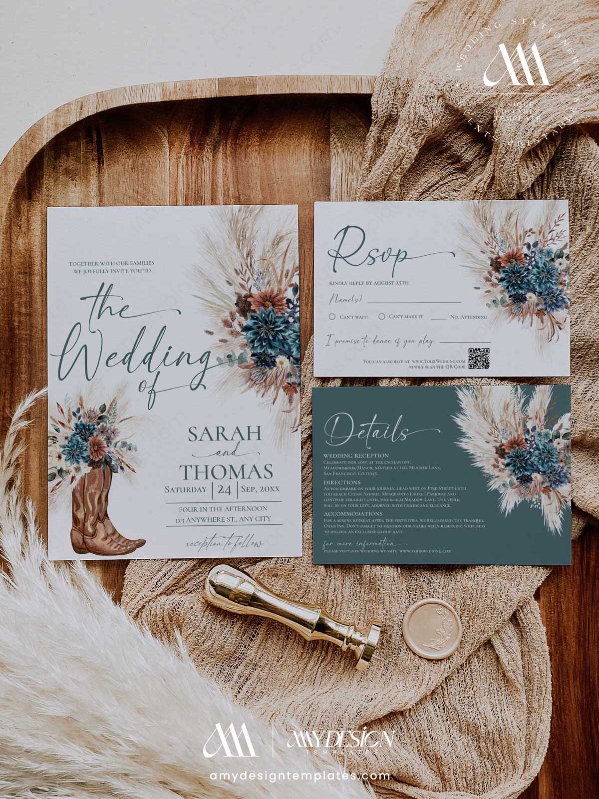Boho Western Teal Cowboy Boots Wedding Invitation Suite Printable | Pampas Grass Wedding Invite Set | Editable RSVP Details Teal Floral Stationery Bundle Boho Western Wedding Invitation Suite Printable | Cowboy Boots Pampas Grass Wedding Invite Set | Editable RSVP Details Teal Floral Stationery Bundle