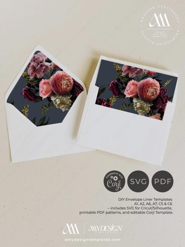 Vintage Floral Envelope Liner Template | DIY Printable Moody Flower Liners | SVG For Cricut, PDF, Corjl Editable Background | A1 A2 A6 A7 C5 C6