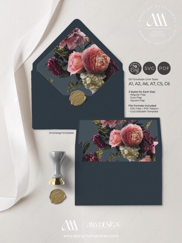 Vintage Moody Flower Envelope Liner Template | DIY Printable Floral Liners | SVG For Cricut PDF | A1 A2 A6 A7 C5 C6 Vintage Floral Envelope Liner Template | DIY Printable Moody Flower Liners | SVG For Cricut, PDF, Corjl Editable Background | A1 A2 A6 A7 C5 C6