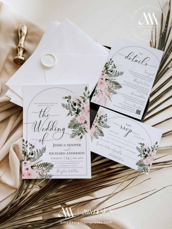 Blush Floral Arch Wedding Invitation Suite Template Printable | Eucalyptus Greenery RSVP Card Set Save The Dates