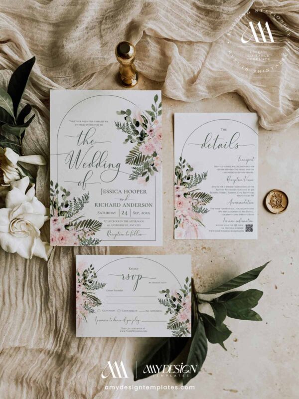 Blush Floral Arch Wedding Invitation Suite Template Printable | Eucalyptus Greenery RSVP Card Set Save The Dates