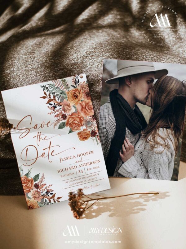 Terracotta Rust Floral Save The Date Card Template Printable | Bohemian Autumn Rose Announcement | Double Sided Photo Wedding Stationery