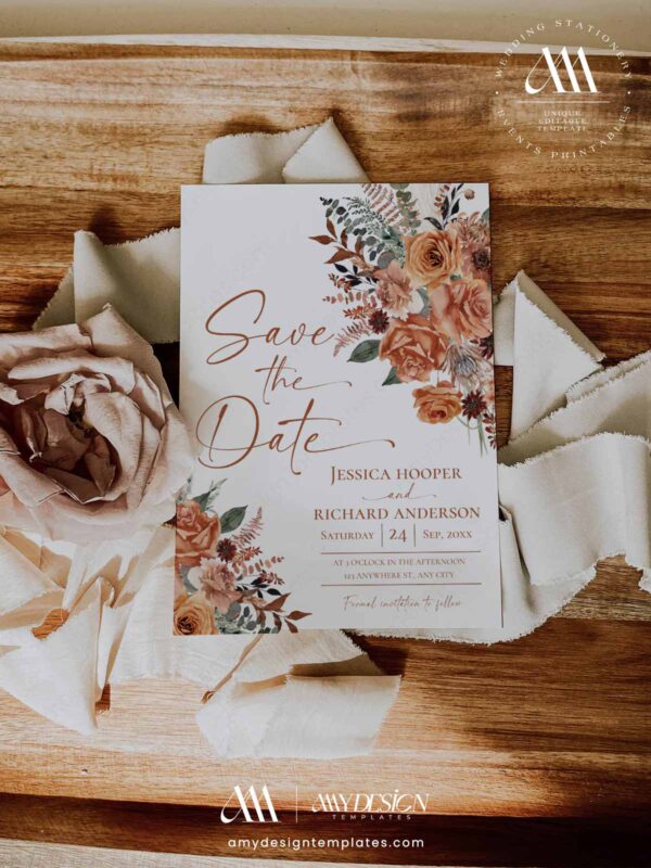 Terracotta Rust Floral Save The Date Card Template Printable | Bohemian Autumn Rose Announcement | Double Sided Photo Wedding Stationery
