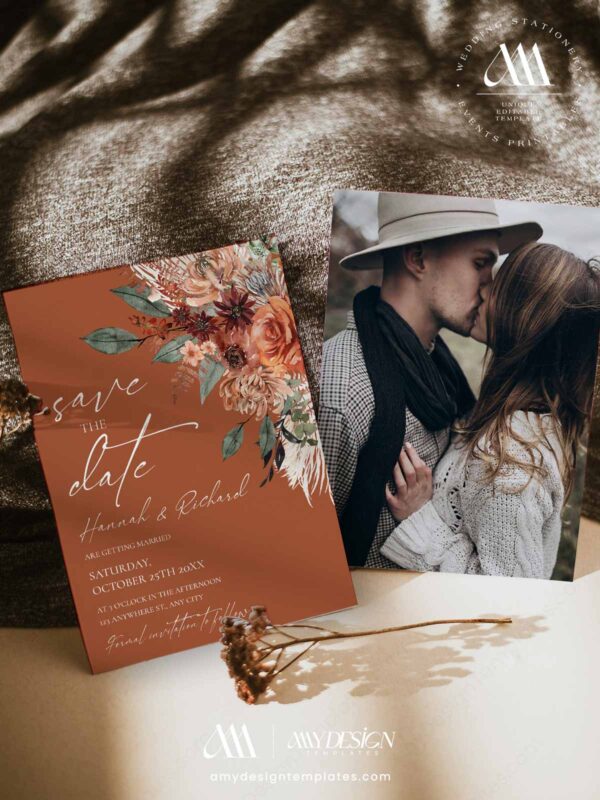 Rust Terracotta Wedding Save The Date Card Card Template | Moody Boho Autumn Marriage Announcement | Warm Earthy Floral Wedding Stationery