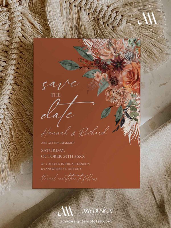 Rust Terracotta Wedding Save The Date Card Card Template | Moody Boho Autumn Marriage Announcement | Warm Earthy Floral Wedding Stationery