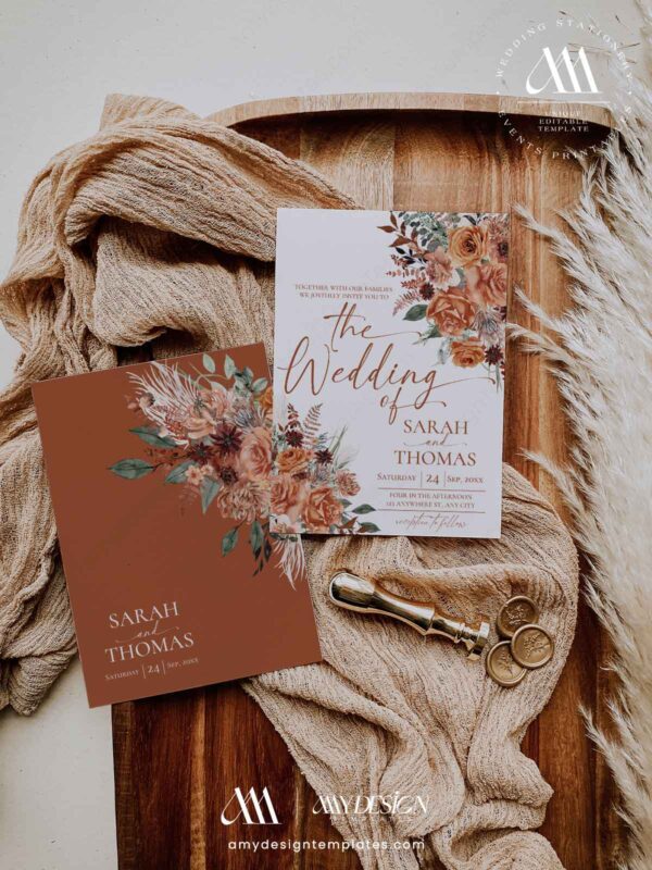 Terracotta Wedding Invitation Suite Template Printable | Rust Autumn Floral Wedding RSVP Card Set | Bohemian Burnt Orange Marriage Terracotta Wedding Invitation Suite Template Printable | Rust Autumn Floral RSVP Card Set | Bohemian Burnt Orange Marriage Invite Package