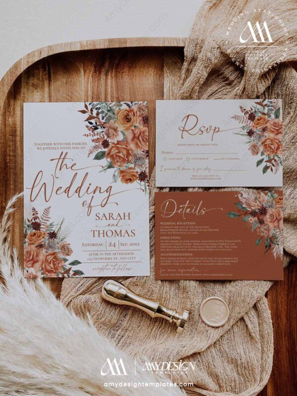 Terracotta Wedding Invitation Suite Template Printable | Rust Autumn Floral RSVP Card Set | Bohemian Burnt Orange Marriage Invite Package