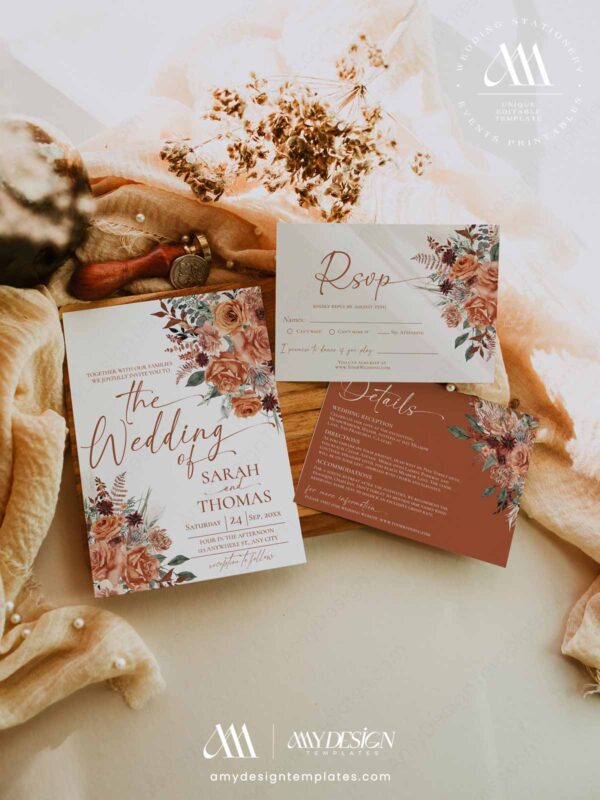 Terracotta Wedding Invitation Suite Template, Rust Floral RSVP Card, Burnt Orange Marriage Stationery Set, Bohemian Fall Details Insert, Printable Card Template