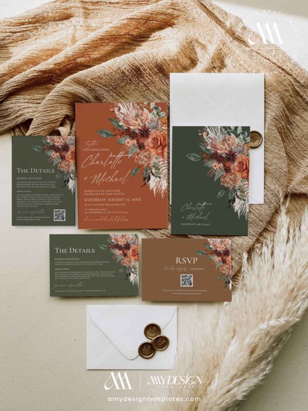 Terracotta Emerald Olive Wedding Invitation Suite Template Printable | Rust Green Floral RSVP Card Set | Boho Autumn Botanical Marriage Terracotta Emerald Olive Wedding Invitation Suite Template Printable | Rust Green Floral RSVP Card Set | Boho Autumn Botanical Marriage Invite